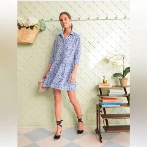 Tuckernuck Hayes Button Front Shirt Dress Blue Hydrangeas XXS